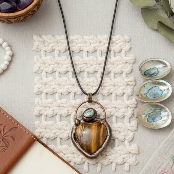 🆕️Boho Chic Copper Heart Pendant Necklace | Genuine Tiger's Eye & Abalone Shell - Picture 11 of 14